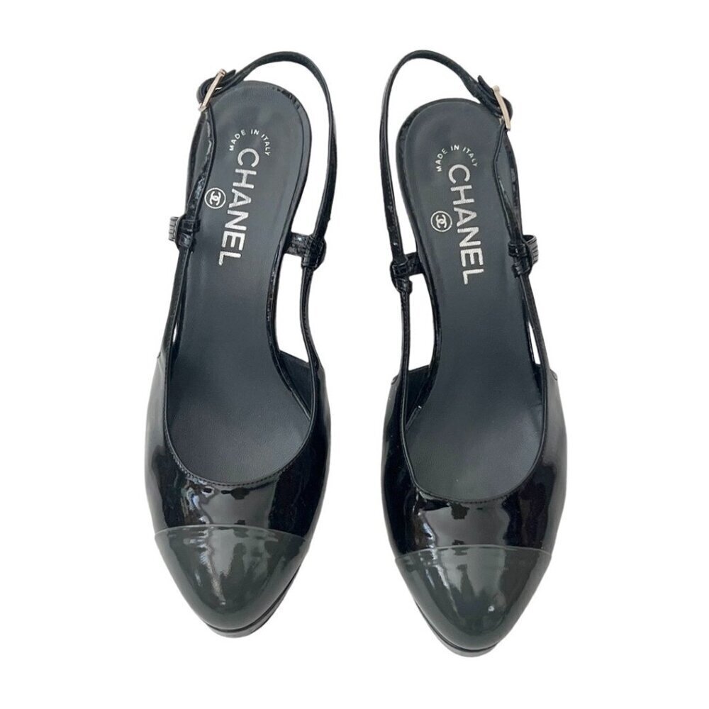Chanel patent leather black grey front slingback heels size 39.5